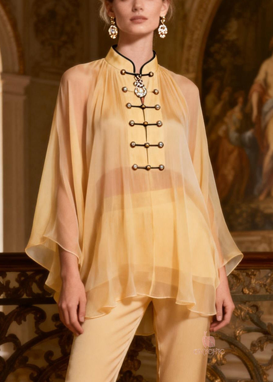 Yellow Button Shirts And Flare Bottoms Patchwork Chiffon Two Pieces Set Stand Collar Spring