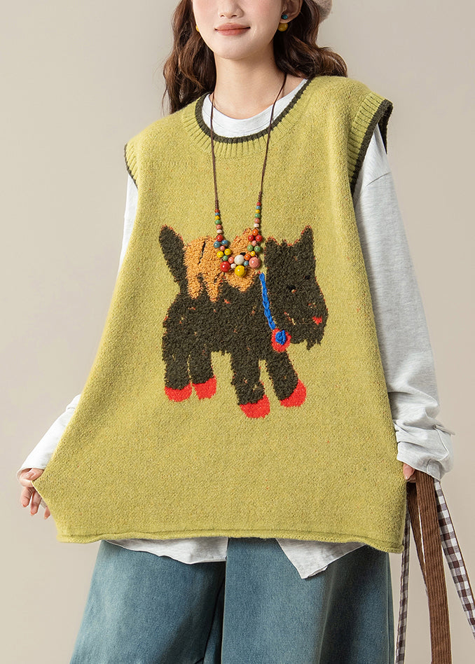 Yellow Cartoon Print Cozy Cotton Knit Waistcoat Sleeveless