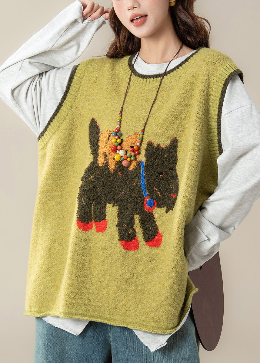 Yellow Cartoon Print Cozy Cotton Knit Waistcoat Sleeveless