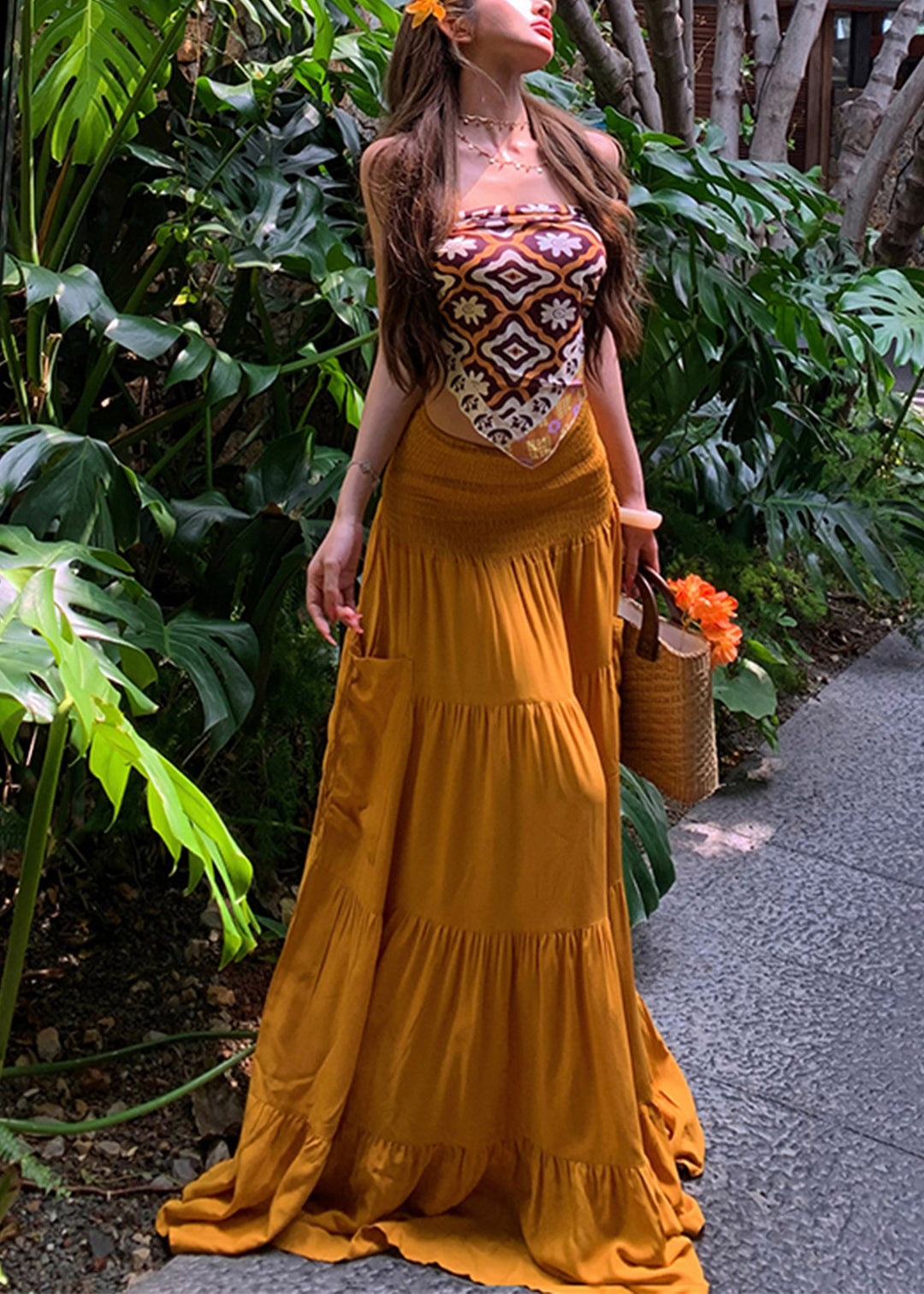 Yellow Cold Shoulder Vest And A Line Skirts Two Pieces Set Sleeveless