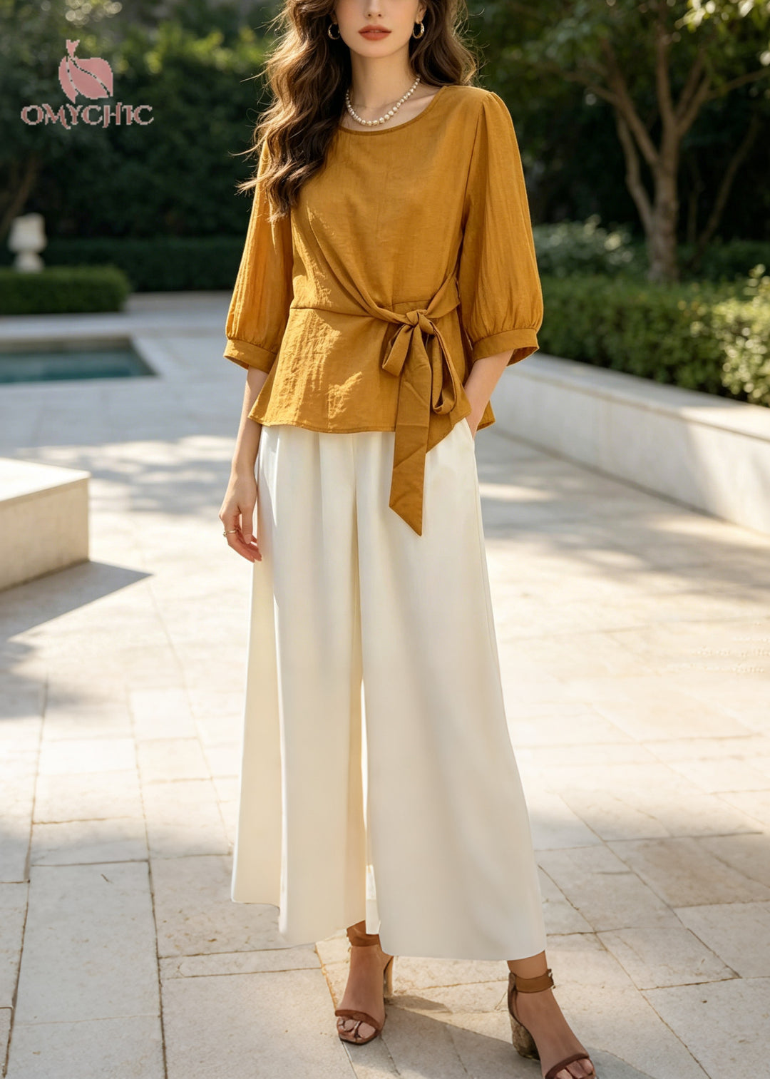Yellow Cotton Two Pieces Set Oversized Tie Waist Half Sleeve