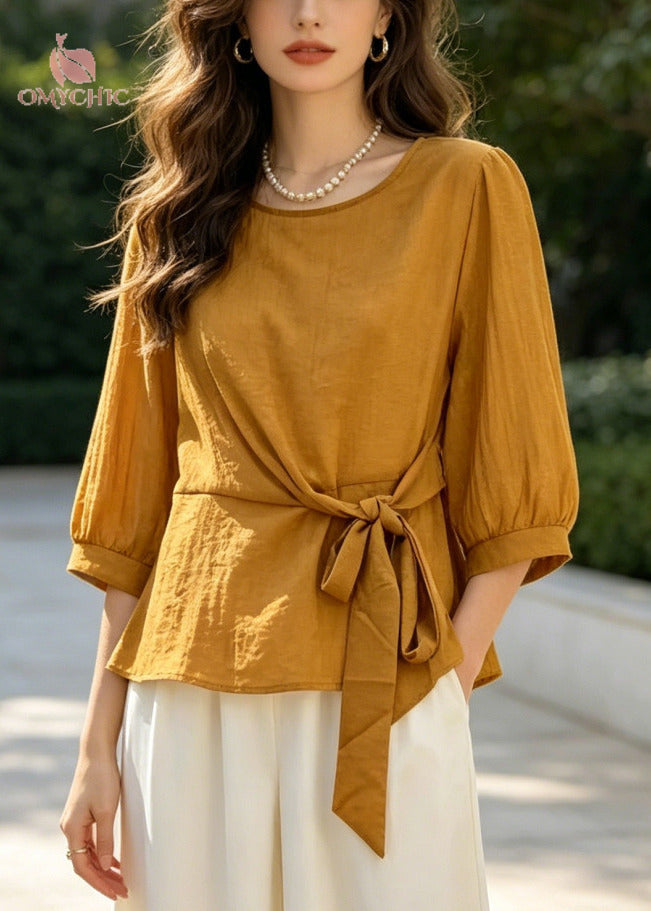 Yellow Cotton Two Pieces Set Oversized Tie Waist Half Sleeve