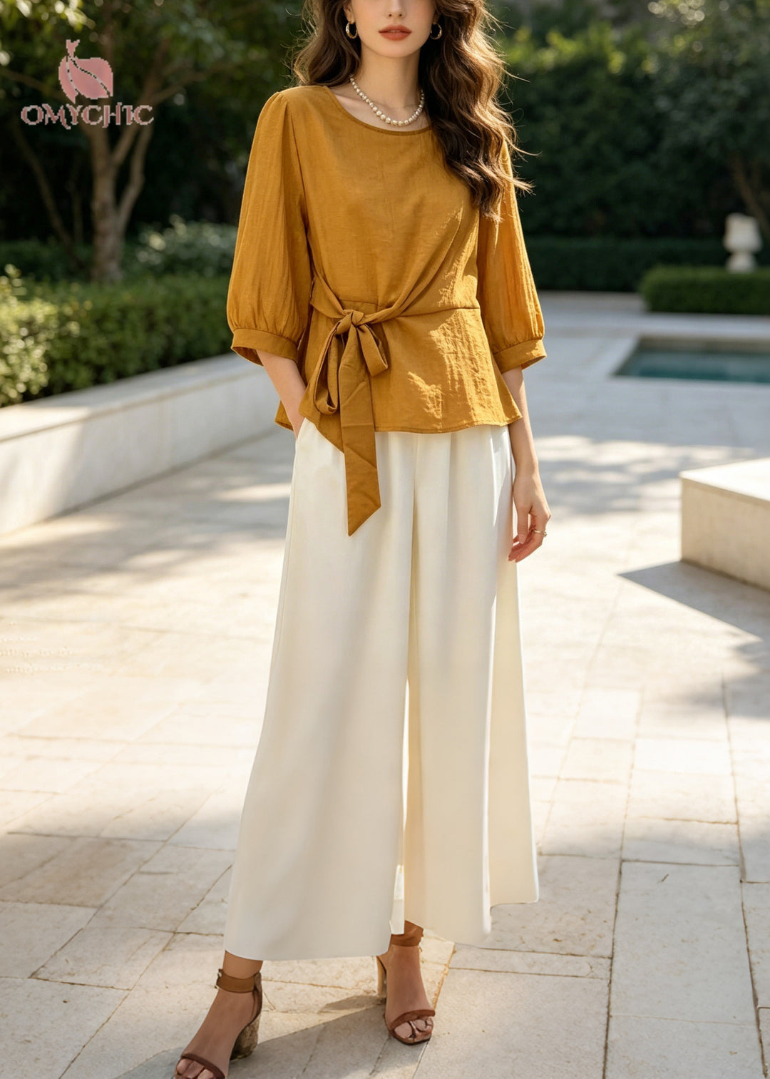 Yellow Cotton Two Pieces Set Oversized Tie Waist Half Sleeve