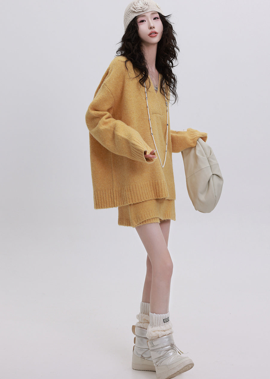 Yellow Cozy Knit Two Piece Set Women Clothing Asymmetrical Design Winter