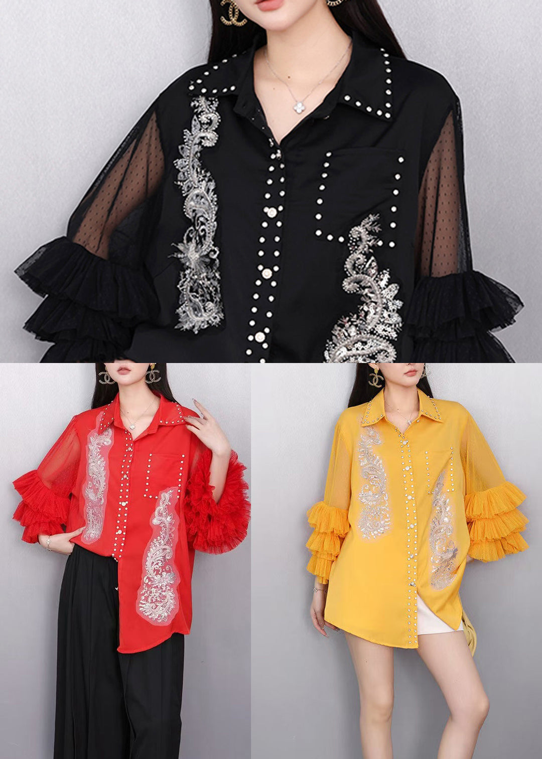 Yellow Draping Chiffon Blouses Embroidered Bracelet Sleeve