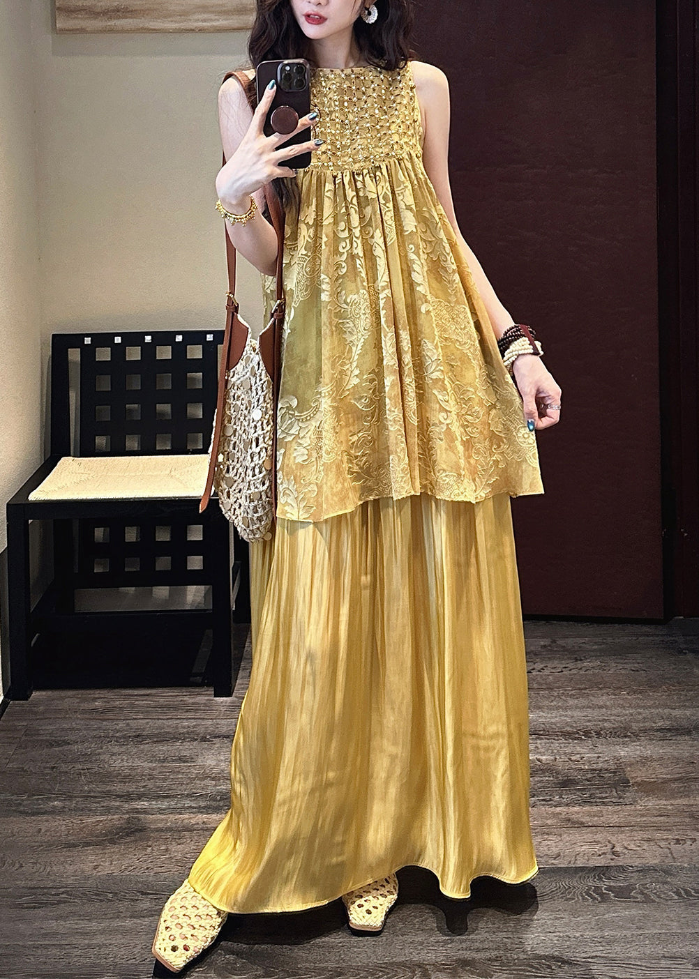 Yellow False Two Pieces Patchwork Silk Dress O Neck Summer