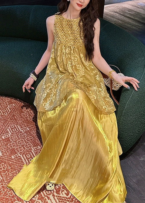 Yellow False Two Pieces Patchwork Silk Dress O Neck Summer