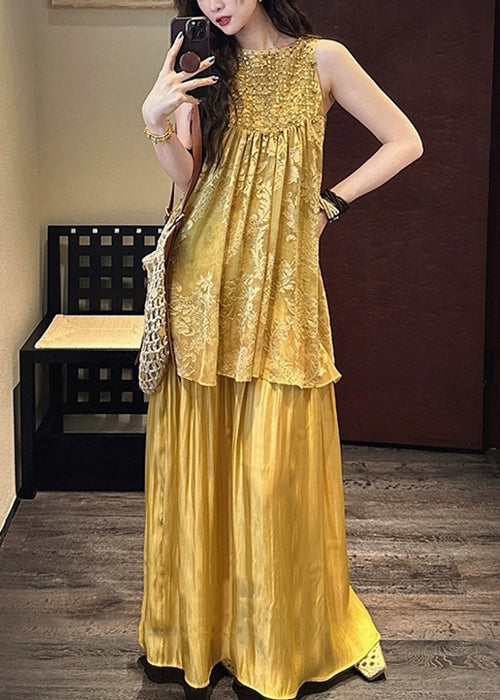 Yellow False Two Pieces Patchwork Silk Dress O Neck Summer
