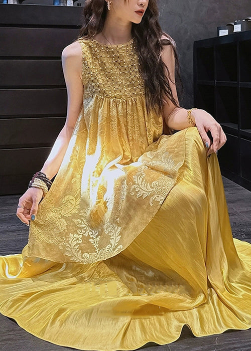 Yellow False Two Pieces Patchwork Silk Dress O Neck Summer