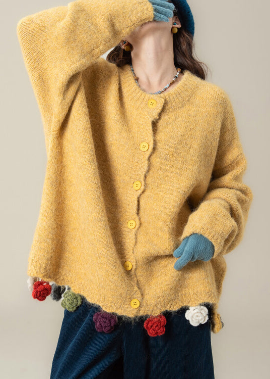 Yellow Floral Button Cozy Knit Coat O Neck Batwing Sleeve