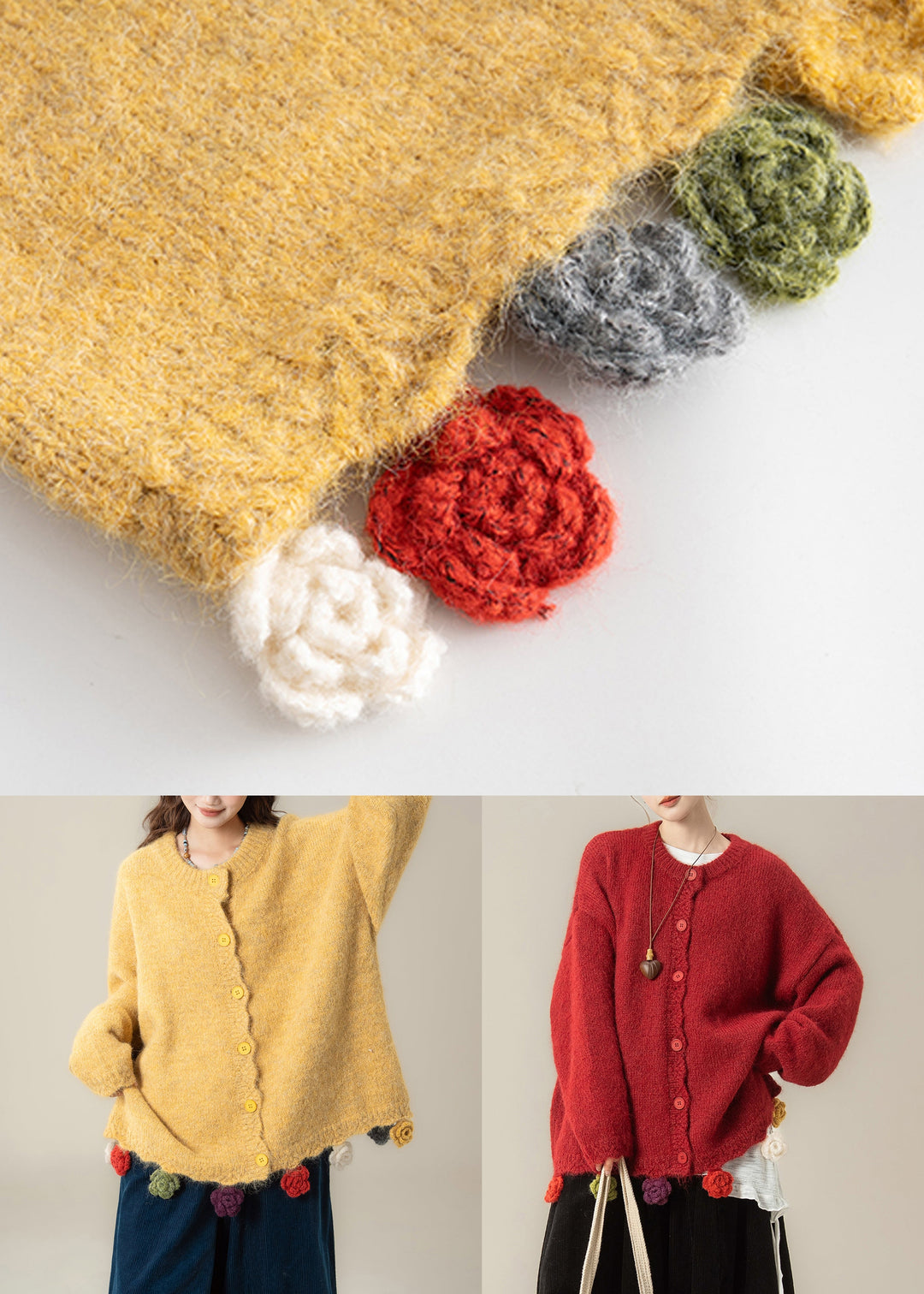 Yellow Floral Button Cozy Knit Coat O Neck Batwing Sleeve