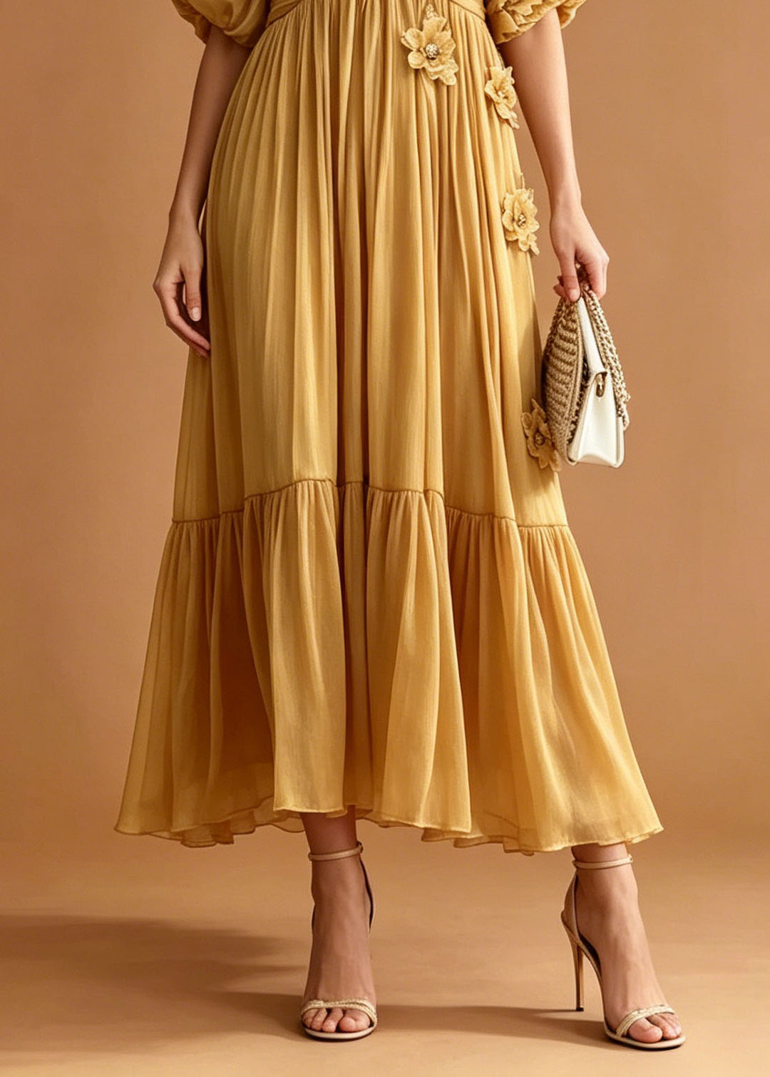 Yellow Floral Chiffon Holiday Dress Embroidered Wrinkled Summer