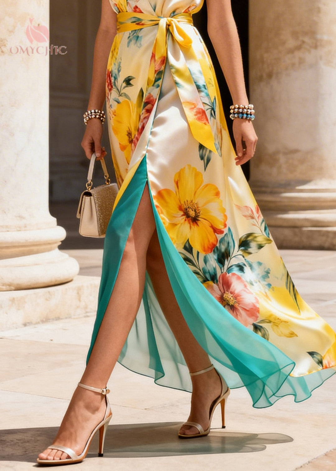 Yellow Floral Chiffon Maxi Dress Side Open Summer