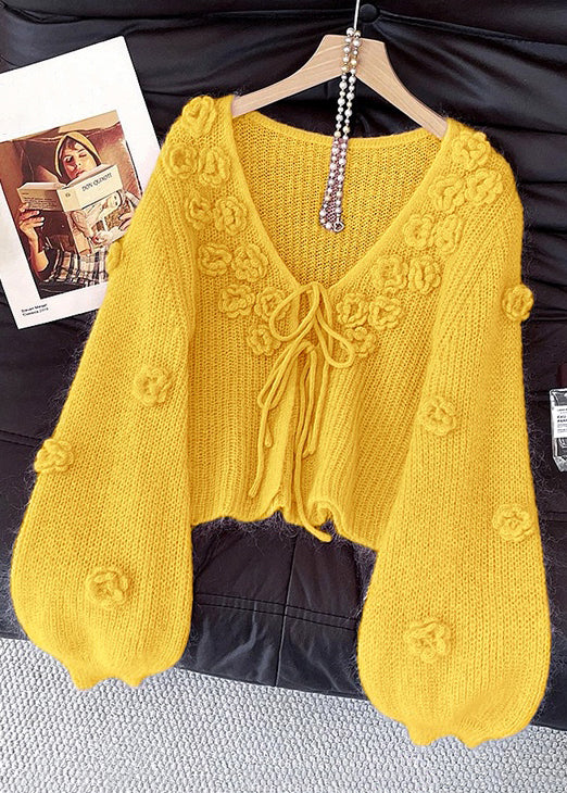 Yellow Floral Lace Up Knit Cardigan V Neck Fall