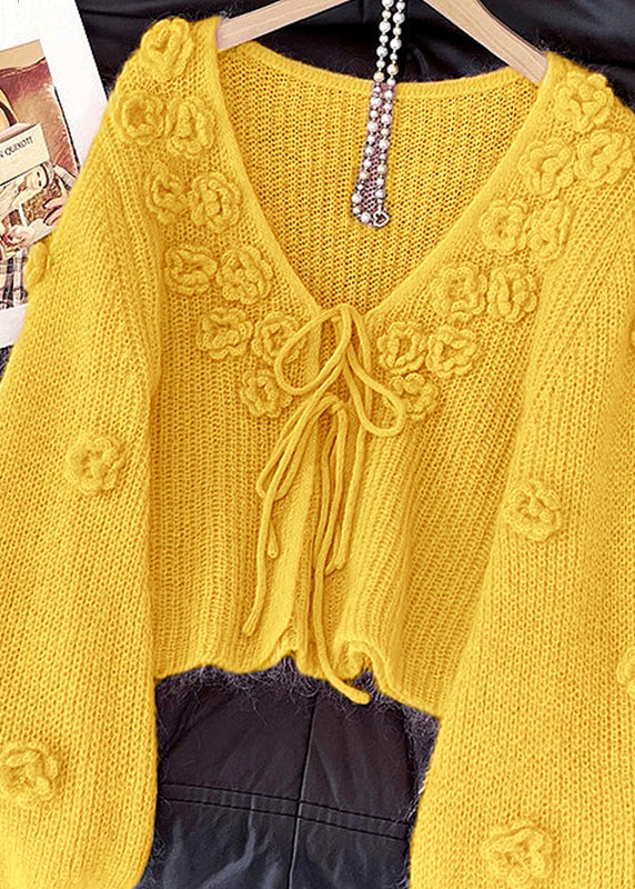 Yellow Floral Lace Up Knit Cardigan V Neck Fall