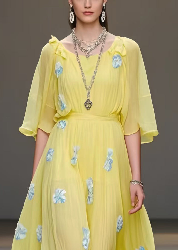 Yellow Floral Print Chiffon Vacation Dress Exra Large Hem Summer