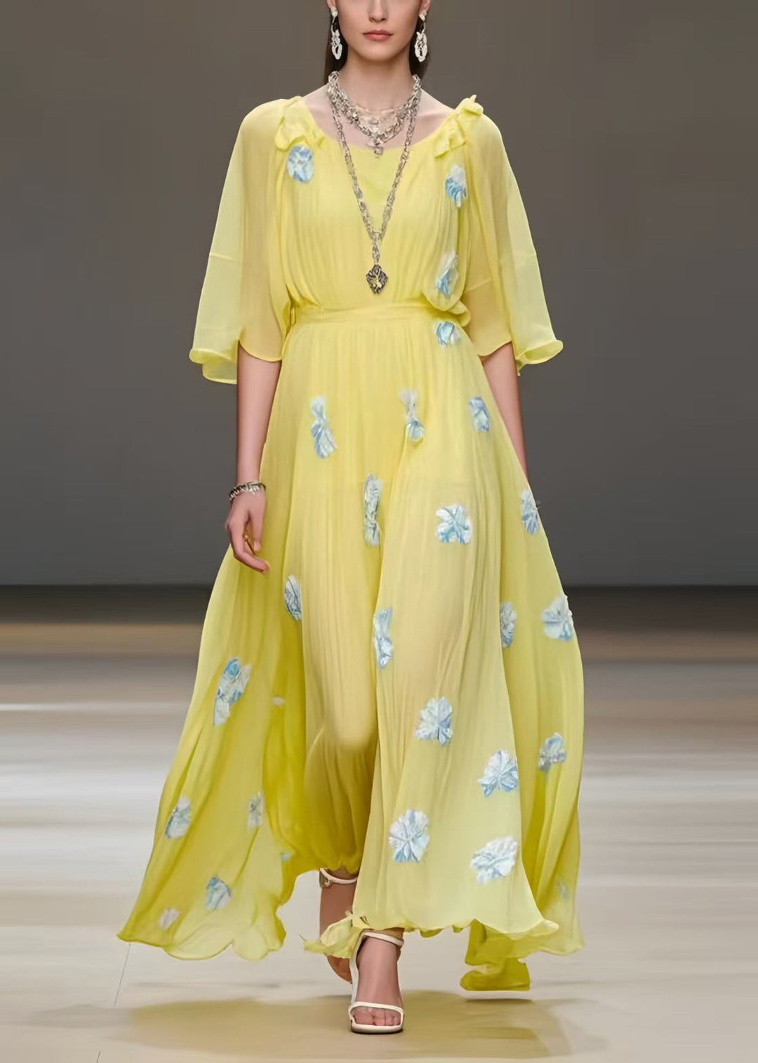 Yellow Floral Print Chiffon Vacation Dress Exra Large Hem Summer