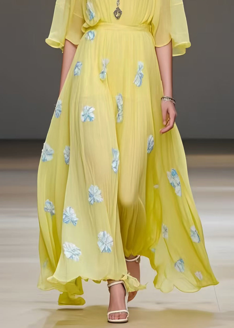 Yellow Floral Print Chiffon Vacation Dress Exra Large Hem Summer