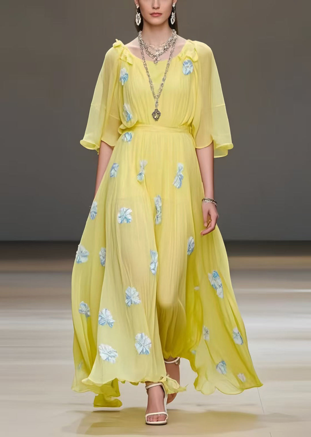 Yellow Floral Print Chiffon Vacation Dress Exra Large Hem Summer