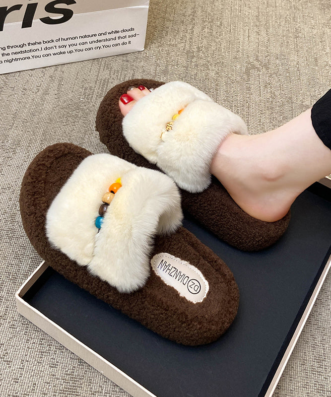 Yellow Fuzzy Fur Fluffy Warm Slippers Shoes Splicing Peep Toe