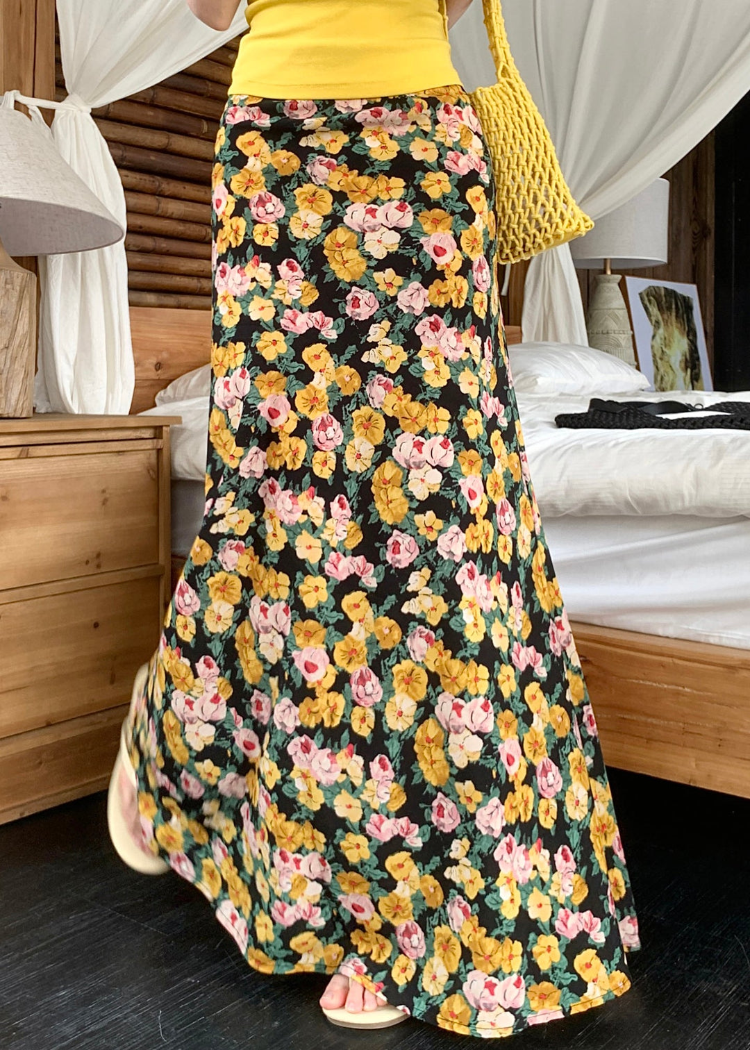 Yellow High Waist Cotton Summer Maxi Skirts Print