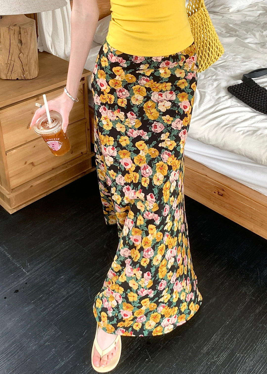 Yellow High Waist Cotton Summer Maxi Skirts Print