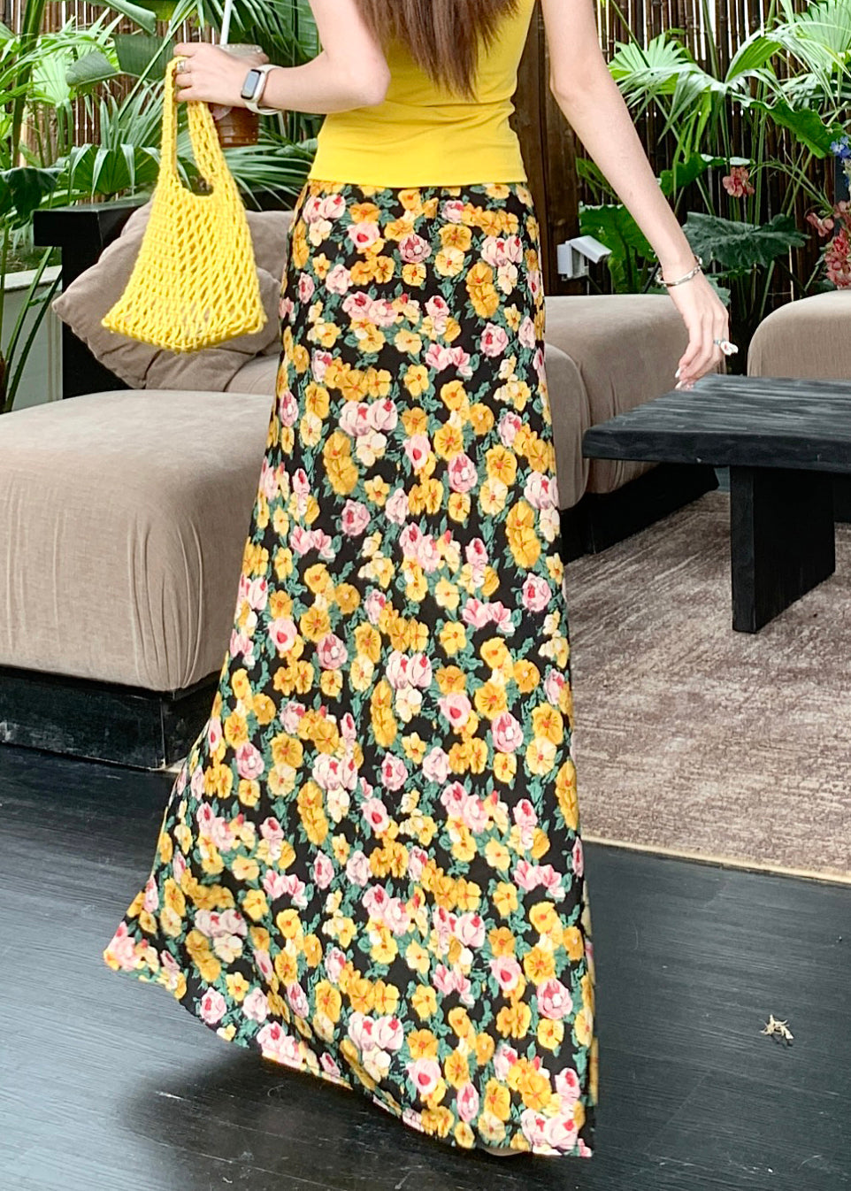 Yellow High Waist Cotton Summer Maxi Skirts Print