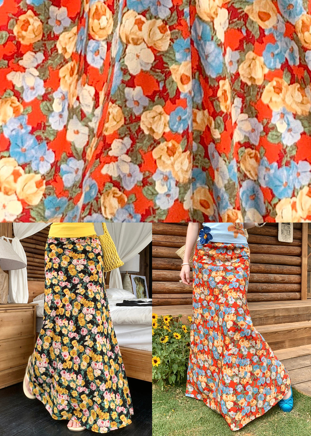 Yellow High Waist Cotton Summer Maxi Skirts Print