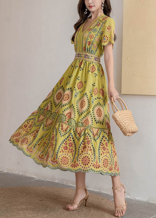 Yellow Hollow Out High Waist Cotton Summer Long Dress V Neck