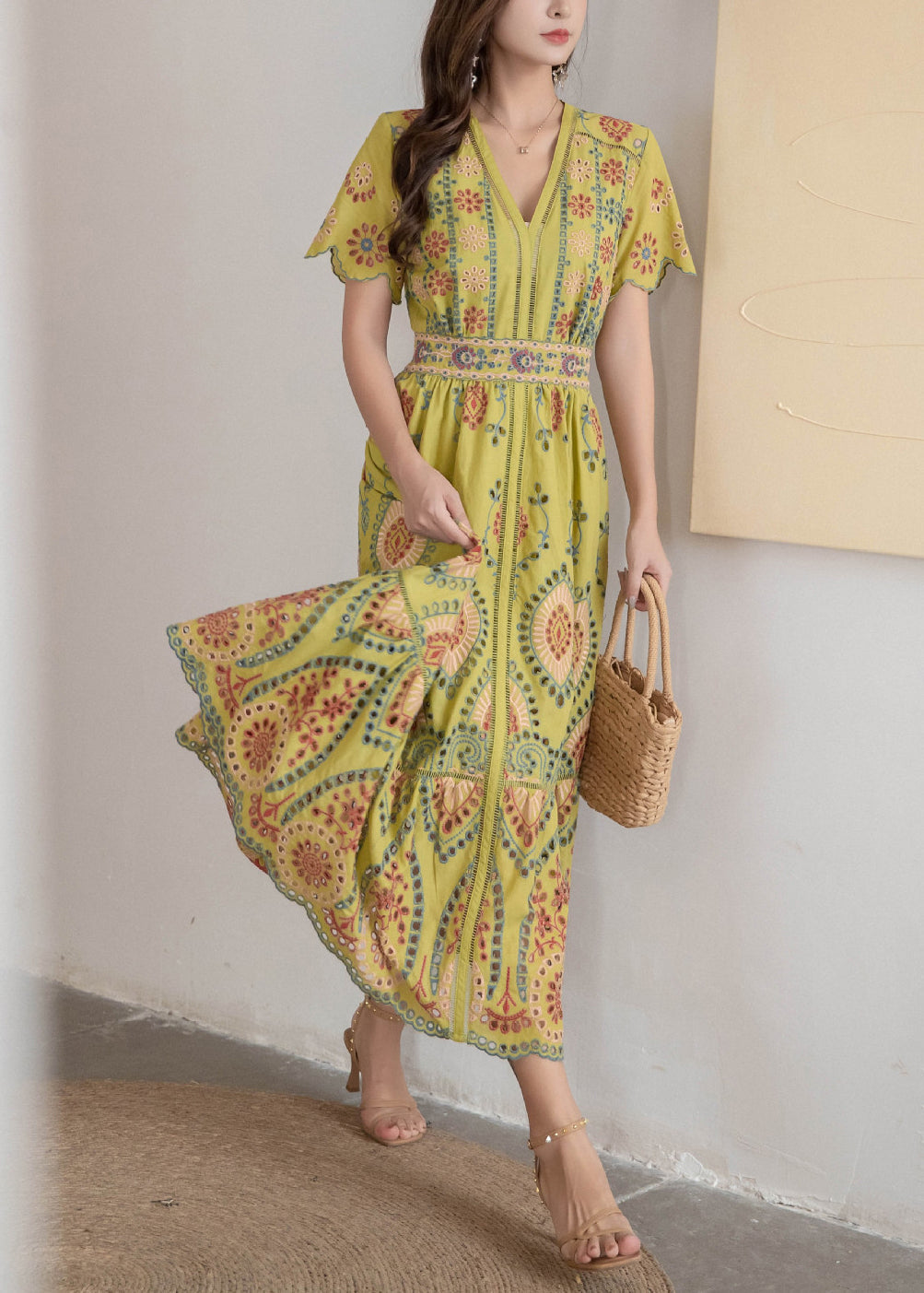 Yellow Hollow Out High Waist Cotton Summer Long Dress V Neck