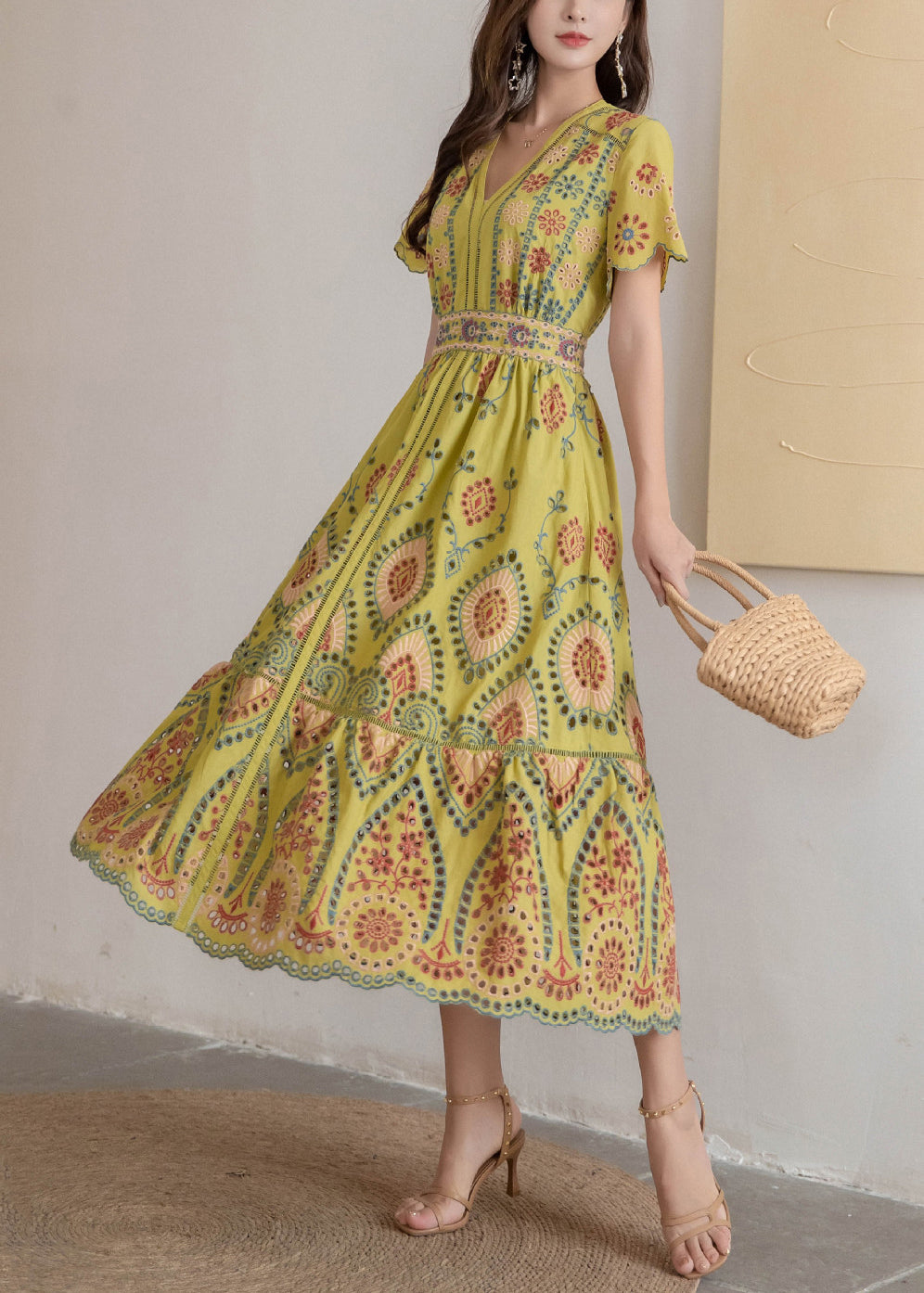 Yellow Hollow Out High Waist Cotton Summer Long Dress V Neck
