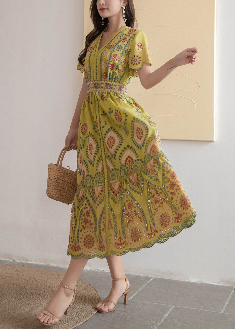 Yellow Hollow Out High Waist Cotton Summer Long Dress V Neck