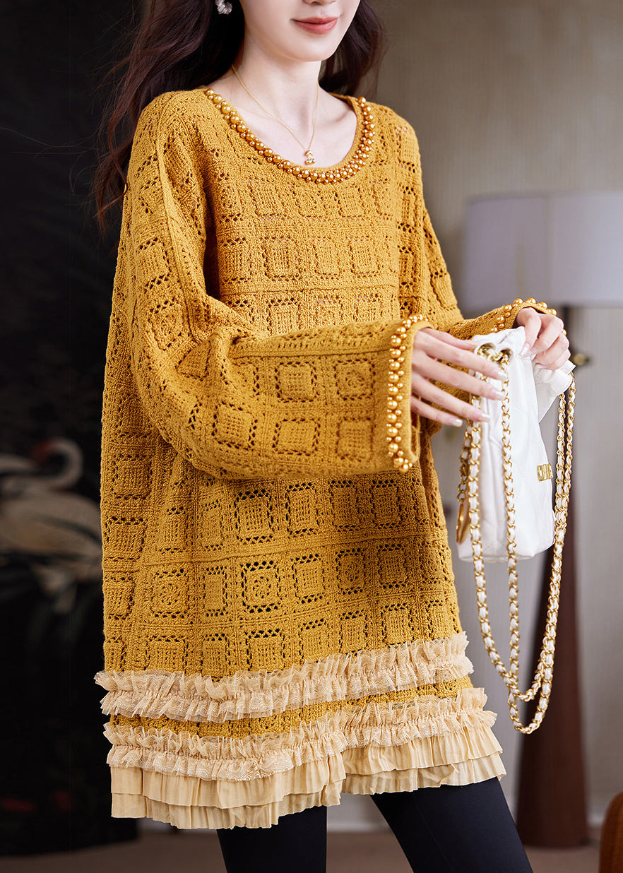 Yellow Hollow Out Knit Long Sweaters Ruffled Nail Bead Fall