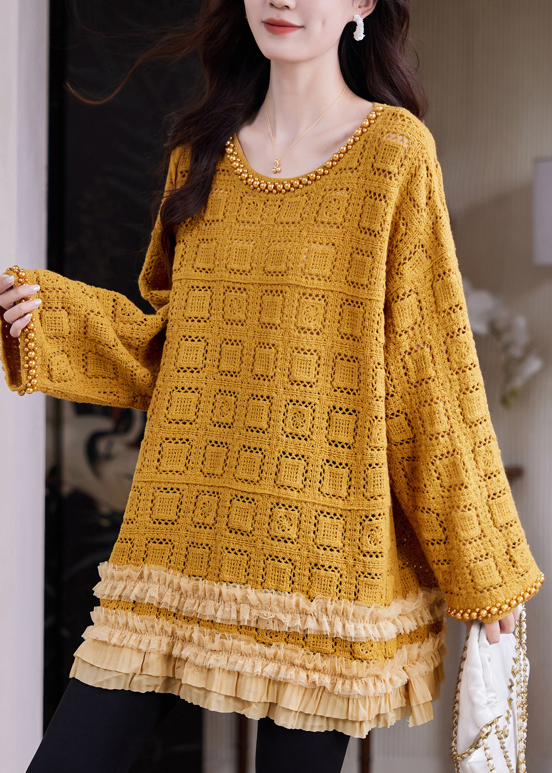 Yellow Hollow Out Knit Long Sweaters Ruffled Nail Bead Fall