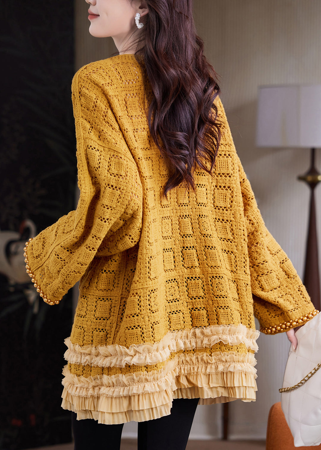 Yellow Hollow Out Knit Long Sweaters Ruffled Nail Bead Fall