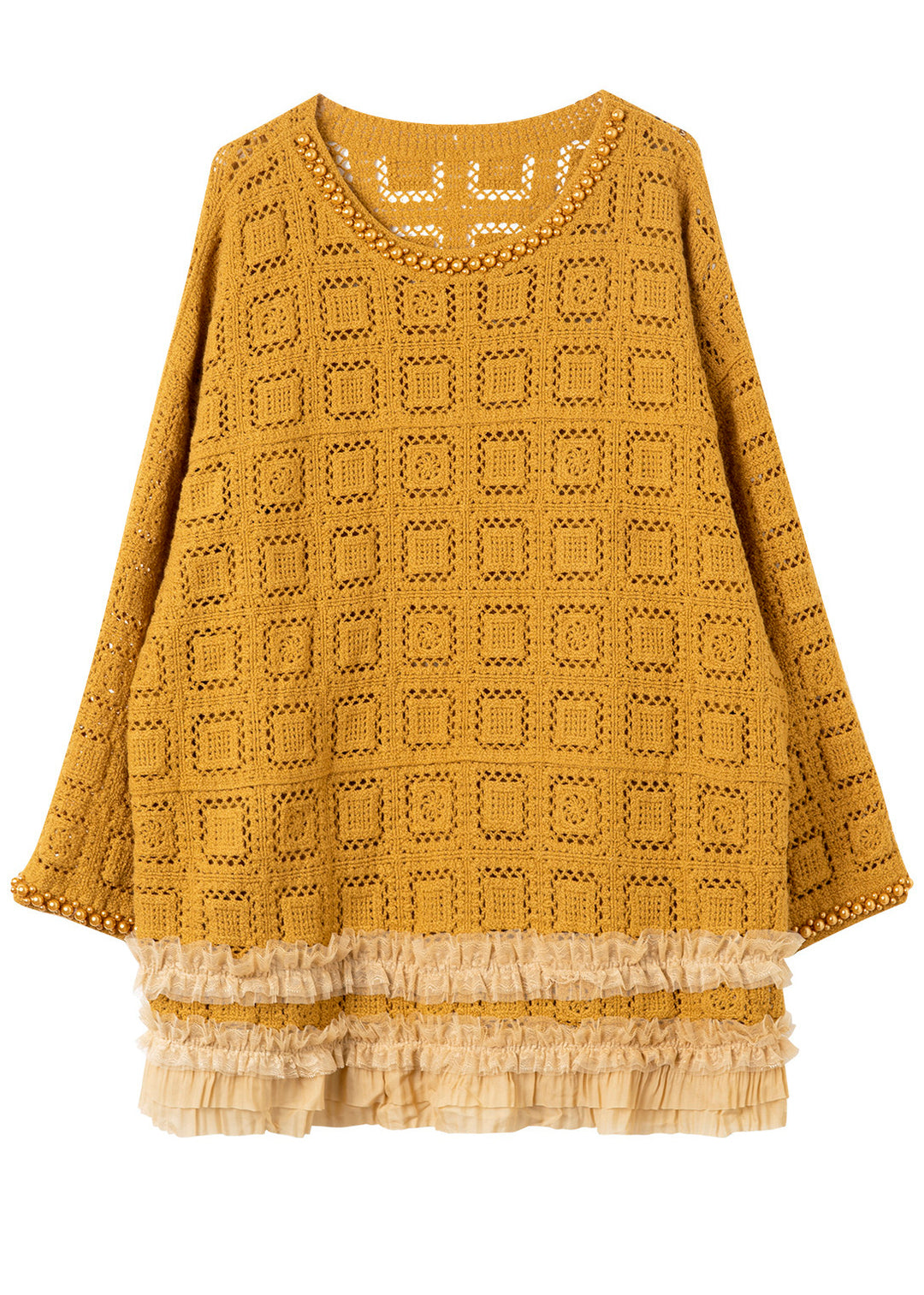Yellow Hollow Out Knit Long Sweaters Ruffled Nail Bead Fall
