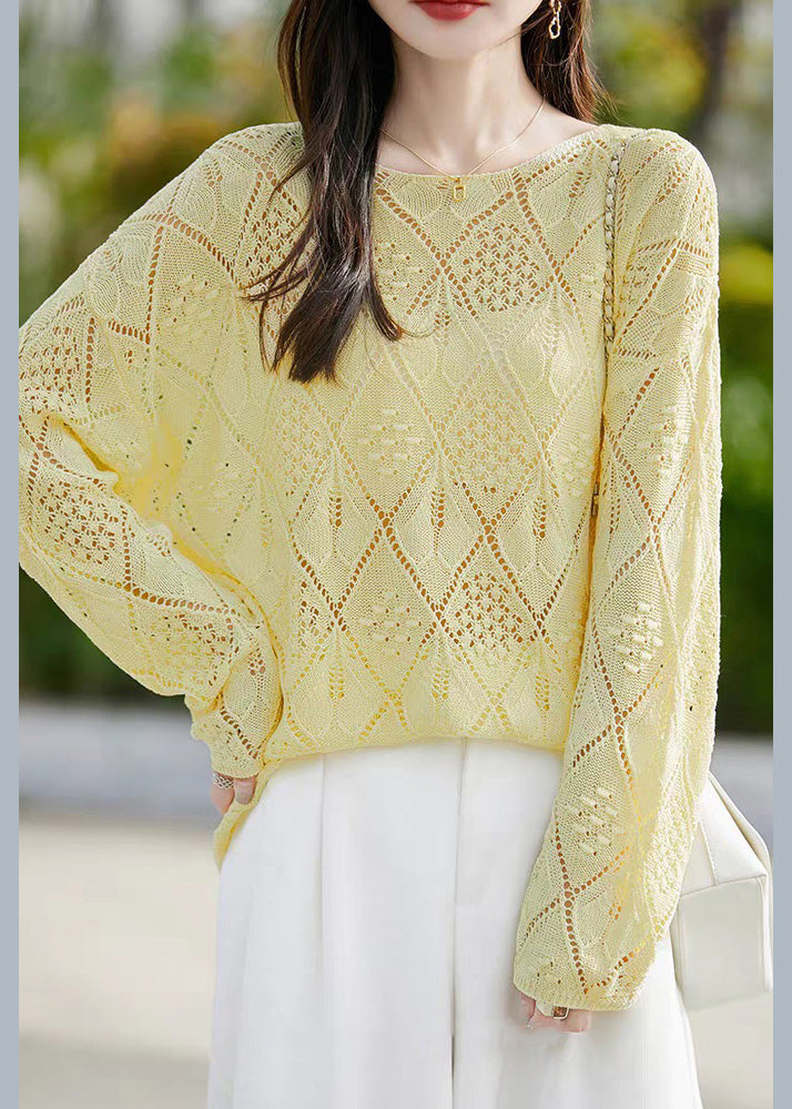 Yellow Hollow Out Solid Knit Sweater O Neck Long Sleeve