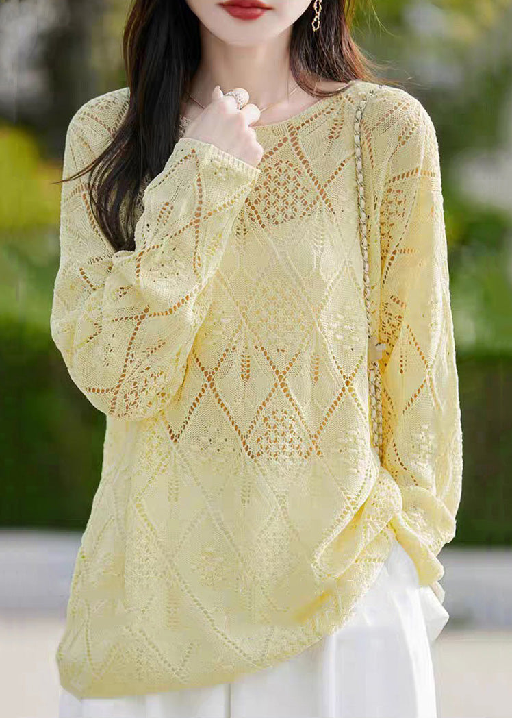 Yellow Hollow Out Solid Knit Sweater O Neck Long Sleeve