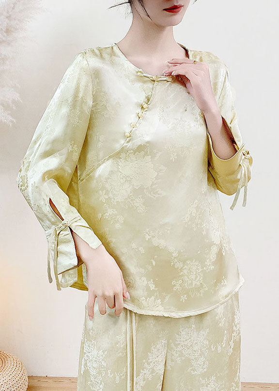 Yellow Jacquard Silk Oriental Tops Chinese Button Spring
