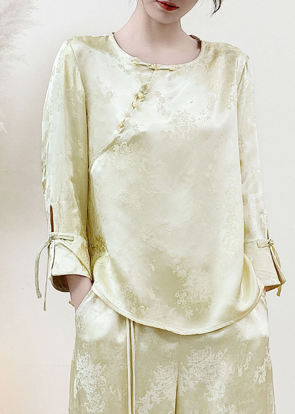 Yellow Jacquard Silk Oriental Tops Chinese Button Spring