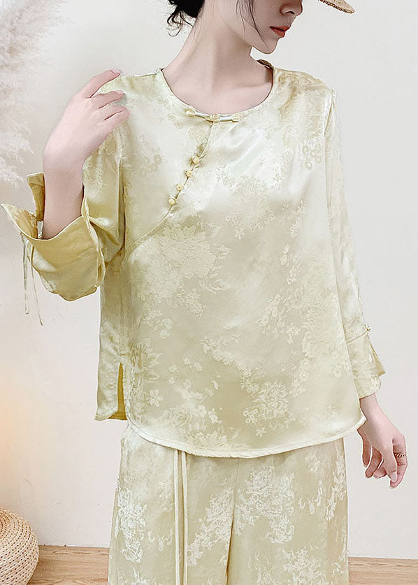 Yellow Jacquard Silk Oriental Tops Chinese Button Spring