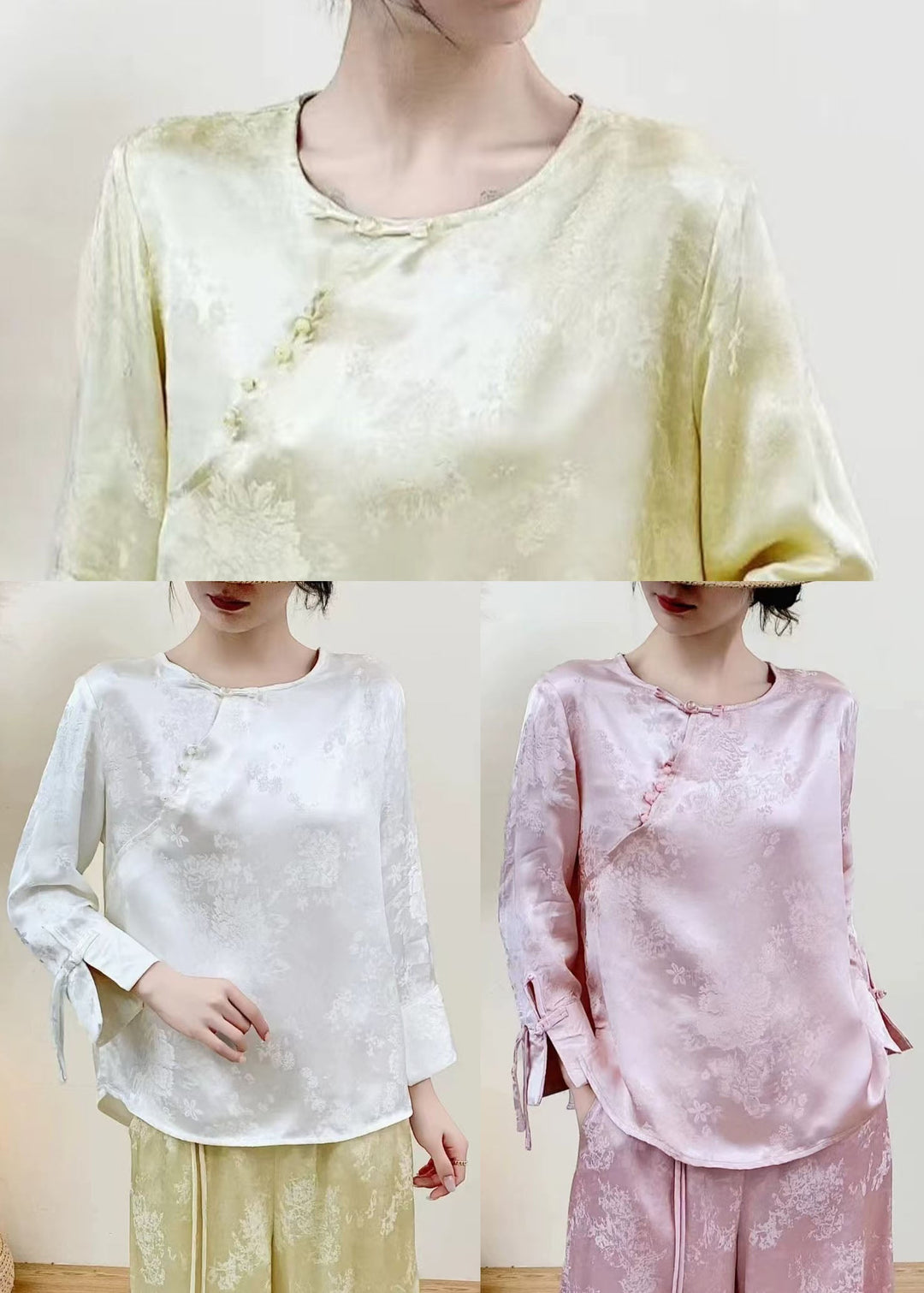 Yellow Jacquard Silk Oriental Tops Chinese Button Spring