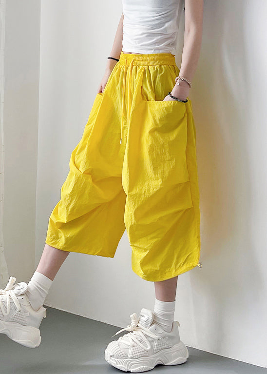 Yellow Lace Up Oversized Cotton Summer Crop Pants Elastic Waist