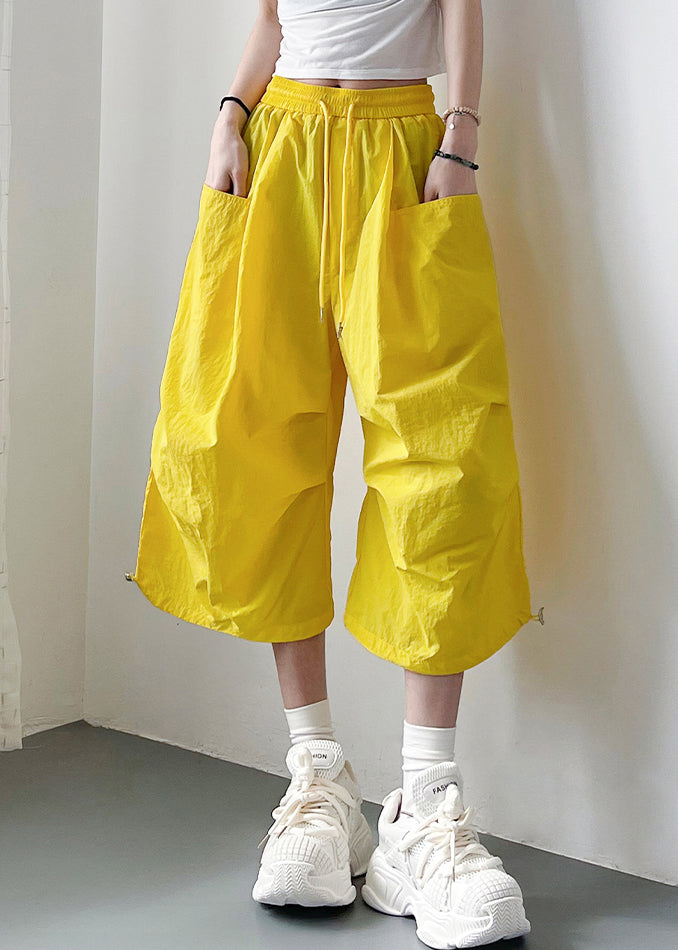 Yellow Lace Up Oversized Cotton Summer Crop Pants Elastic Waist