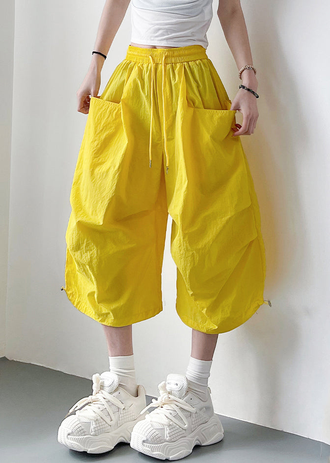 Yellow Lace Up Oversized Cotton Summer Crop Pants Elastic Waist
