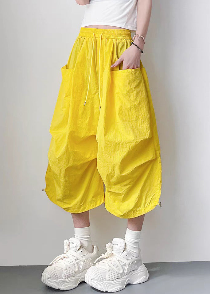 Yellow Lace Up Oversized Cotton Summer Crop Pants Elastic Waist