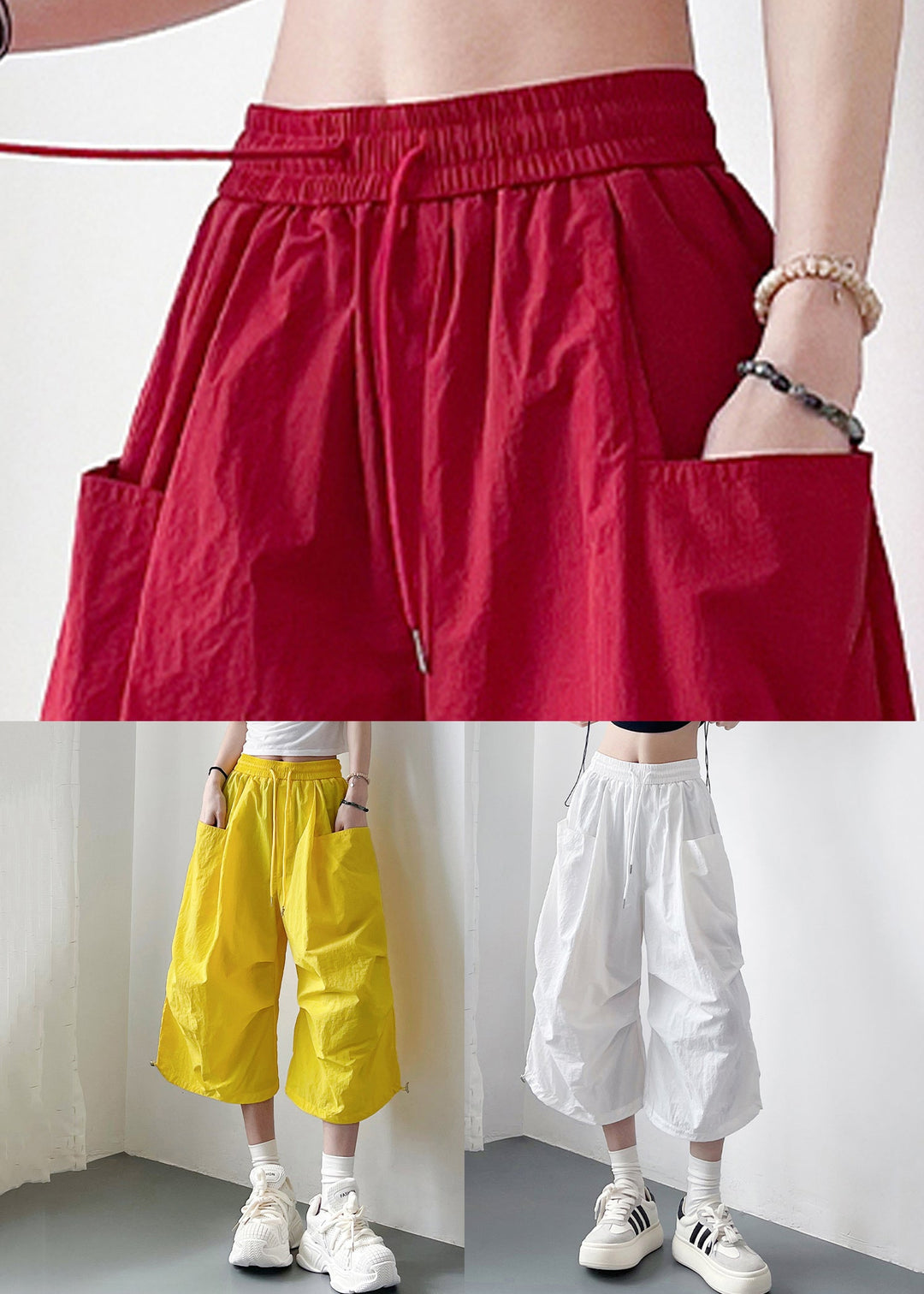 Yellow Lace Up Oversized Cotton Summer Crop Pants Elastic Waist