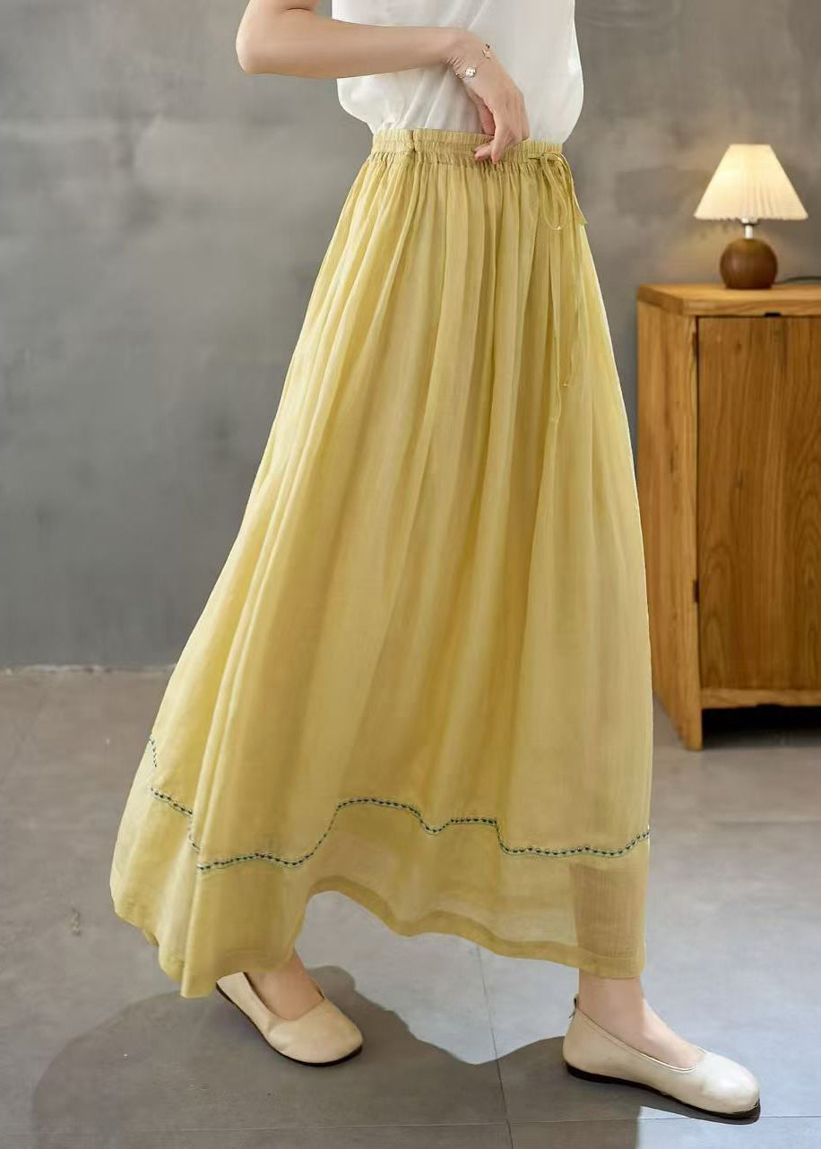 Yellow Linen Holiday Skirt Embroidered Exra Large Hem Summer