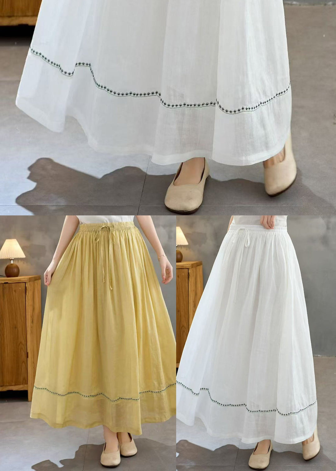 Yellow Linen Holiday Skirt Embroidered Exra Large Hem Summer