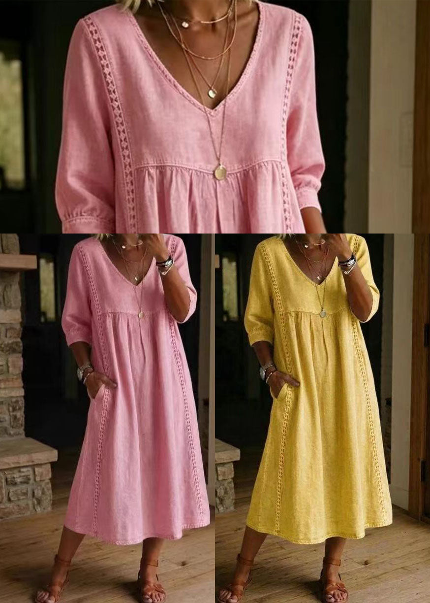 Yellow Long Dresses V Neck Patchwork Lace Bracelet Sleeve